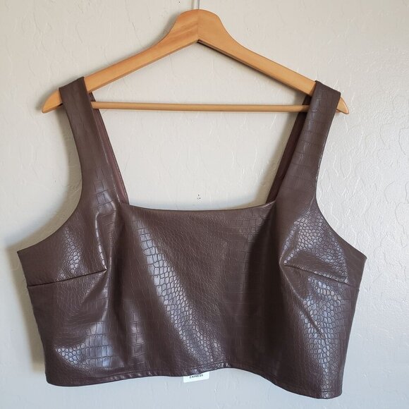 Express Body Contour Faux Croc Leather Crop Top Square Neck Brown Women's XL NEW - Picture 1 of 9